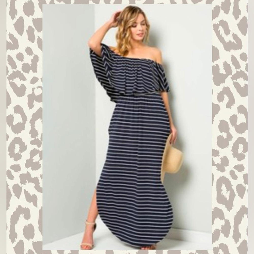 Navy and White Off-Shoulder Maxi Dress